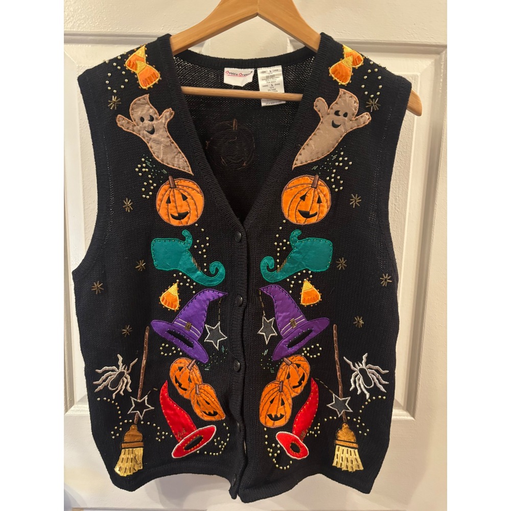 Bobbie Brooks Halloween Sweater Vest Black Beaded Pumpkin Ghost Large BB9851